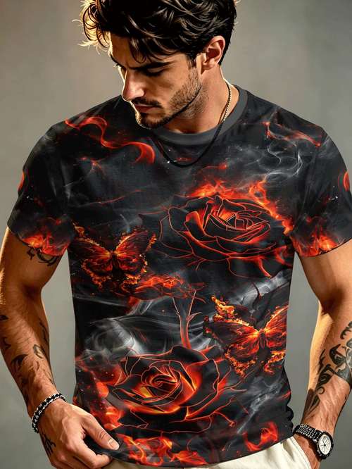 print design non textured mens round neck short sleeve flame rose print polyester fiber breathable quick dry trendy regular fit outdoor sports party shopping date gift