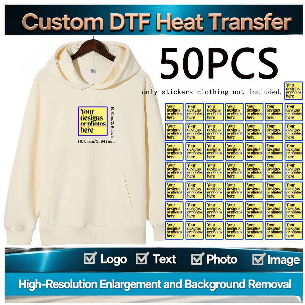 TEMU 50pcs Dtf Custom Heat Transfer Personalized Customer T-shirt Sleeve Logo Decals Clothing, Diy Decoration Heat Transfer Stickers Dtf Transfer