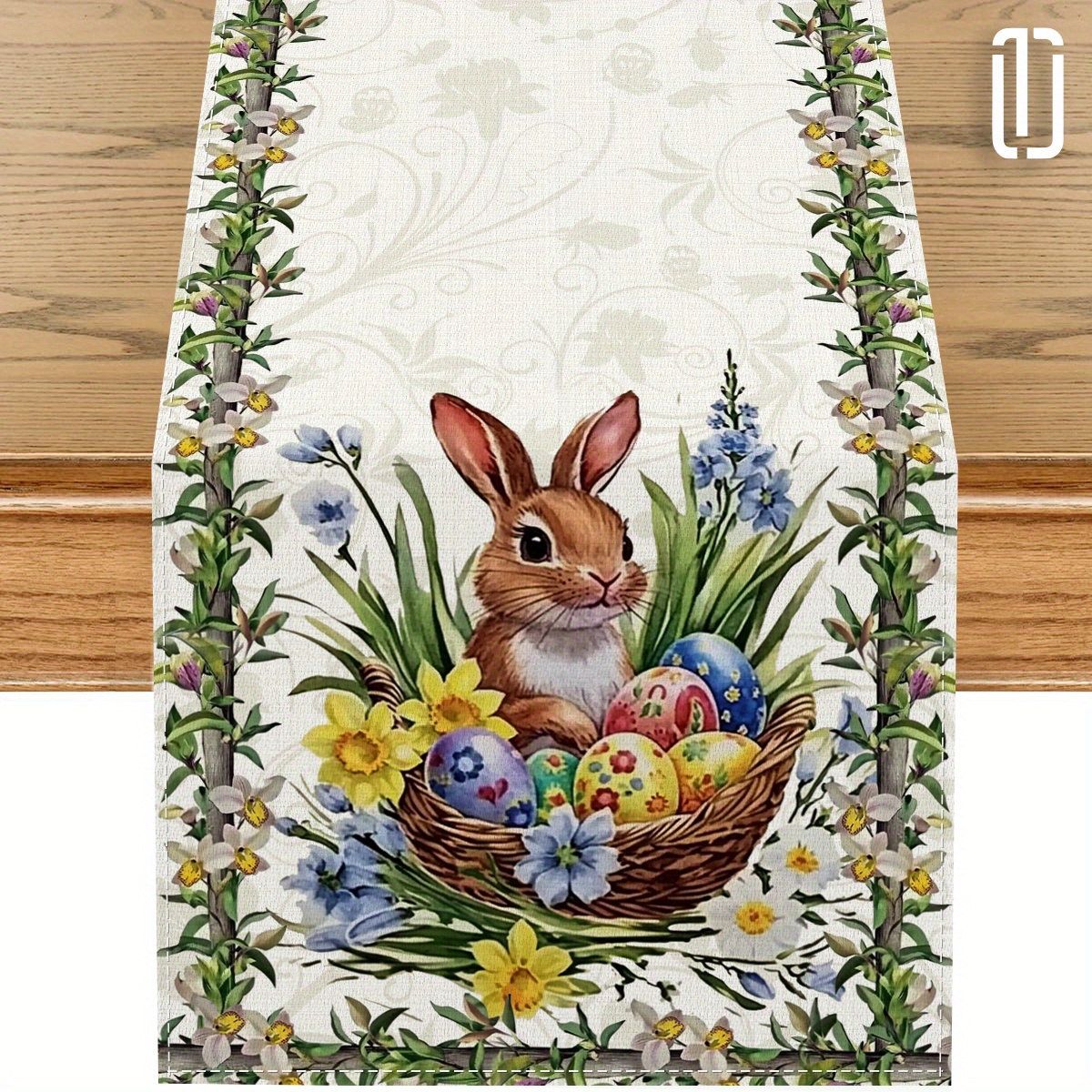 

1pc, Easter Bunny And Eggs Polyester Table Runner - Watercolor Floral Pattern With Pink Stripes, Dinner Parties, Weddings, And Holiday Decorations, Table Runner