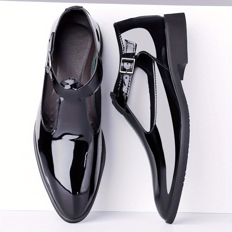 Men's Glossy Patent Dress Shoes with Breathable Cut-Out Design - Slip-On Closure, Comfortable Rubber Sole & PU Lining - Black Low-Top Formal & Casual Footwear