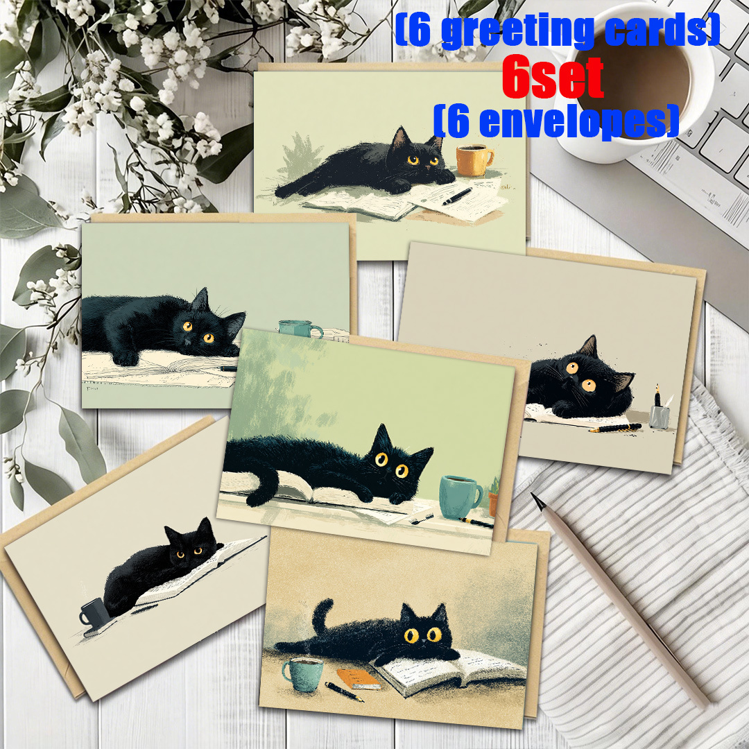 TEMU 6set/12set Pack Of Funny Card/ Black Cat Resting On Book. Greeting Cards Bulk Set With Envelopes For Colleagues