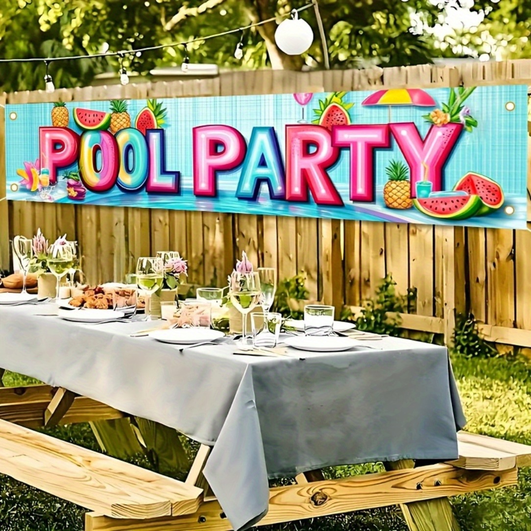 E-shop Ein lebendiges Sommer Pool Party Banner - Maß 78.74X17.72 Zoll in Polyester, mit einem farbenfrohen 'Pool Party' Design mit Wassermelonen und