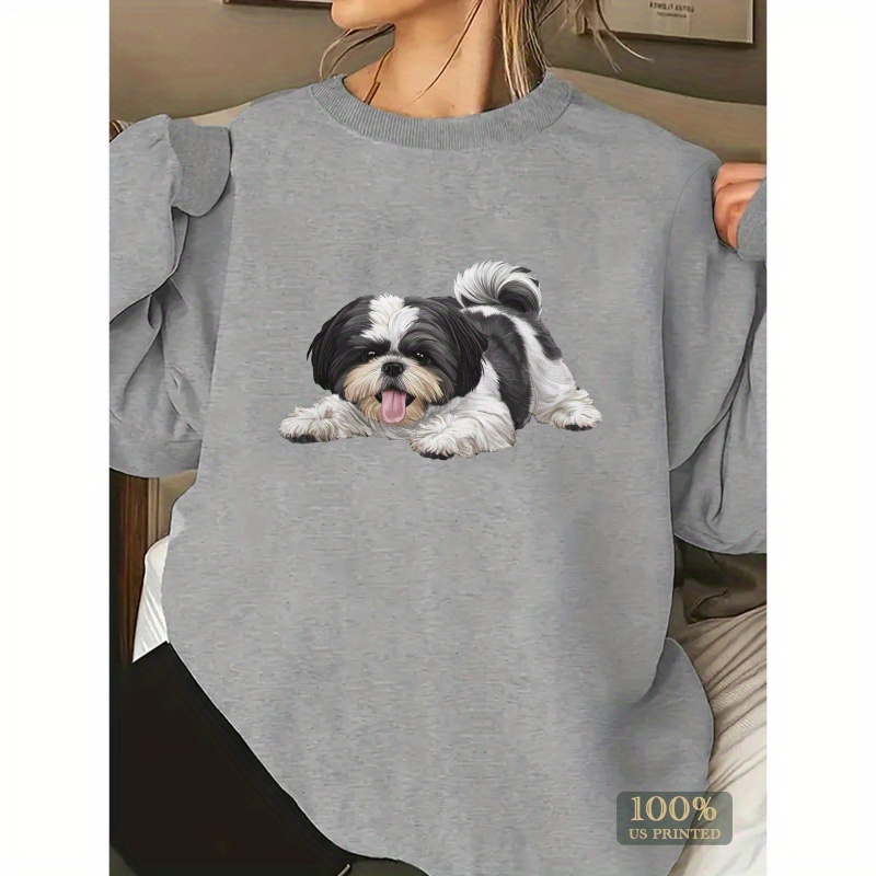 

1pc Women's Casual Crew Neck Sweatshirt With Shih Tzu Dog Print, Polyester Knit Fabric, Geometric Pattern, Regular Length - Fall/winter Collection