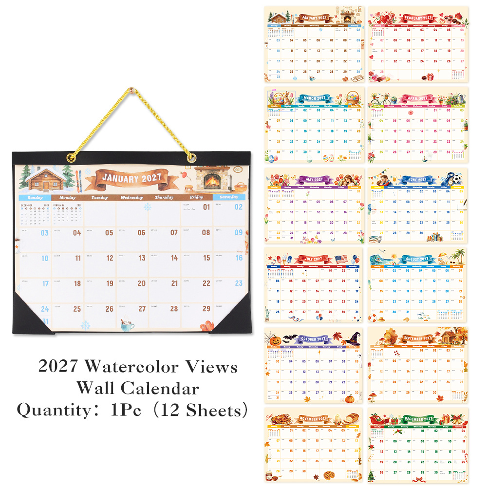 TEMU 2027 Wall Calendar - Monthly Festive Artwork Pages, Jan-dec 2027, Thick Paper & Transparent Cover, Large Writing Space, For Home, School &