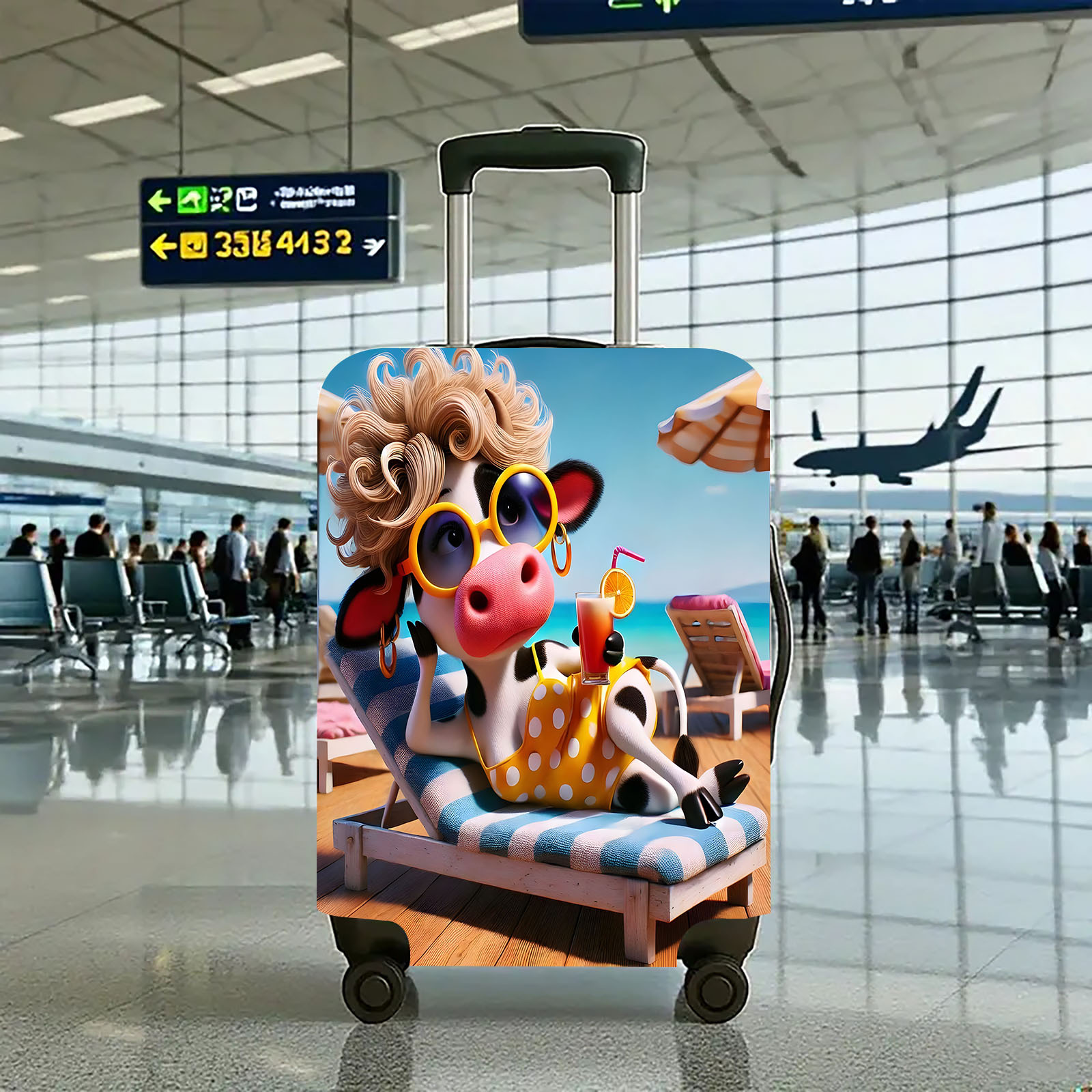 TEMU 1pc Cow Print Luggage Cover Compatible For 18-32 Inch Suitcases, Cute Cow & Beach Chair Design Suitcase Protector, Durable Travel Accessory For