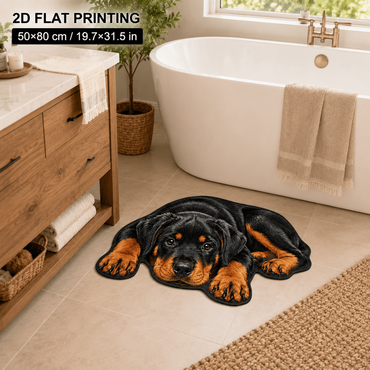 TEMU 2d Flat, 1pc Velvet 850g/㎡ 7mm Bathroom Non-slip Mat, Thin Plush 2d Printed Non-long Pile, Lying Rottweiler Puppy Design Bathroom Rug, Non-slip