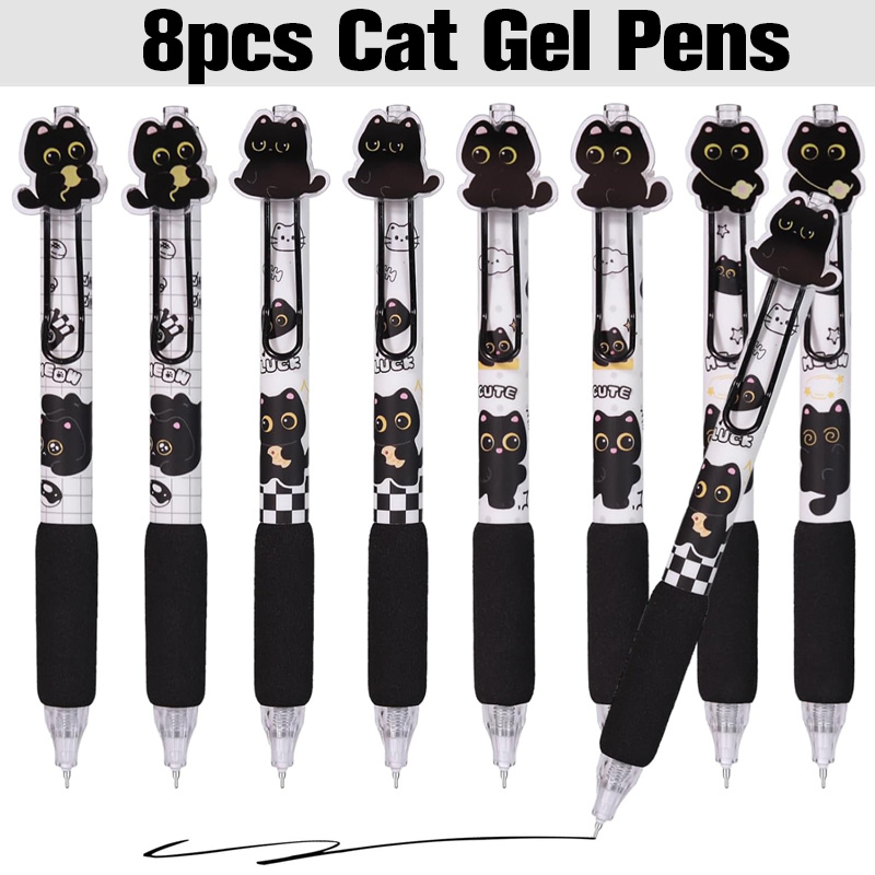 TEMU 8-pack Kawaii Cat Gel Pen Set | 0.5mm Quick- Ink, Retractable With Cushion Grip, Perfect For Journaling, Office Notes & As A Cute Desk Companion