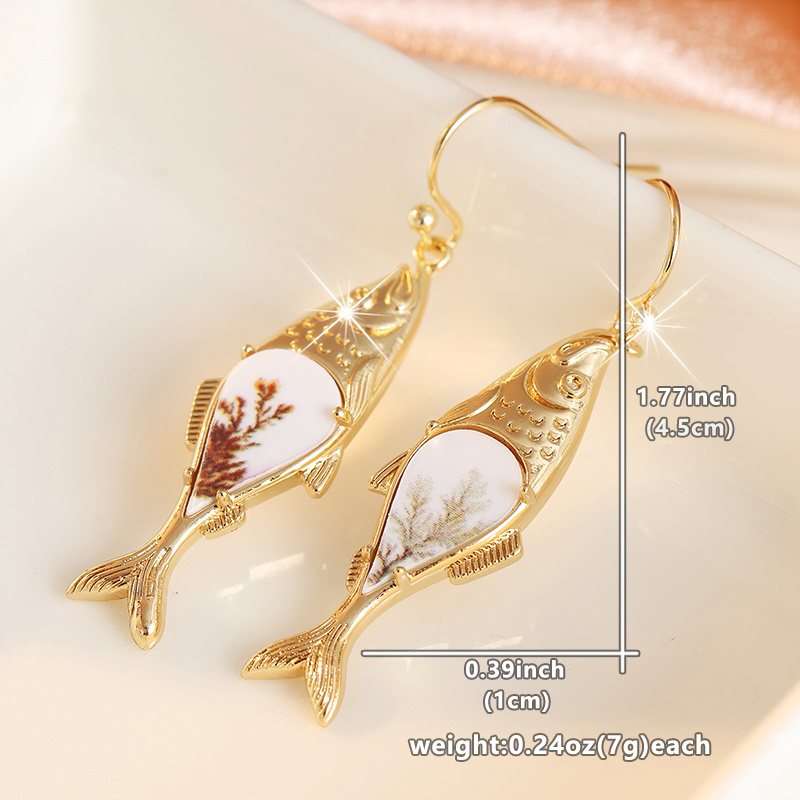 Women's Flower and Leaf Pattern Printed Fish Shaped Pendant Earrings