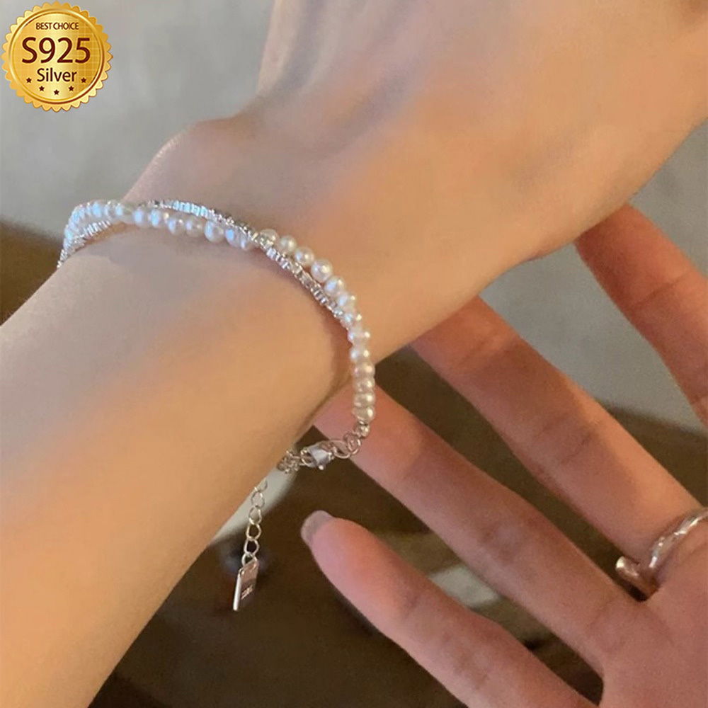 

Elegant 925 Sterling Bracelet With Shell Pearls, Double Twisted, Suitable For And Gifting, Luxurious And , Suitable For All - Jewelry Gift (silvery: 3.8g/0.14oz)