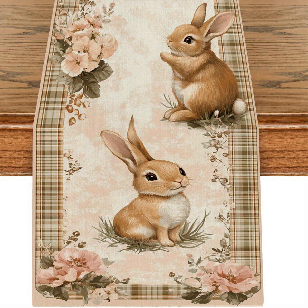 

[1pc Vintage Rabbit Table Runner] 1pc Vintage Rabbit And Design Table Runner, Elegant Polyester Woven Cover For Home Decor And Easter Celebration