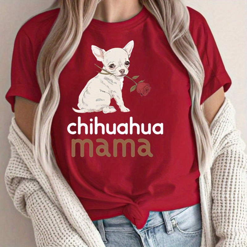 

1pc T-shirt pour femme, mère de Chihuahua, col rond décontracté, manches courtes, imprimé de chien avec alphabet, tissu tricoté en polyester, haut de mode pour toutes les