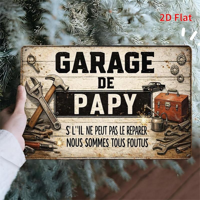 TEMU Panneau décoratif 2D plat, 1 pièce - Garage de français | Panneau rustique en fer pour atelier de papa et , décoration murale sur le thème de la