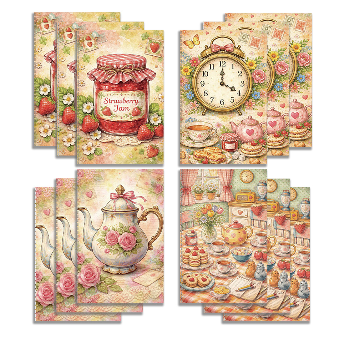 TEMU 12pcs/set Pocket Notebooks Mini Notebook Watercolor Style Retro Jam Tea Party Journal For Food Recording, Hand-lettering Decoration, , Suitable
