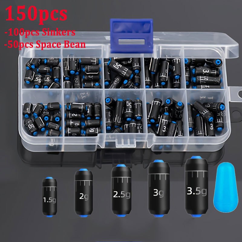 Image of 100/150pcs Set High-quality Black Sinkers With Anti-winding Rubber Space Bean Set, Suitable For Fishing- Weights(1.5g-3.5g), Perfect For Freshwater And Saltwater Fishing