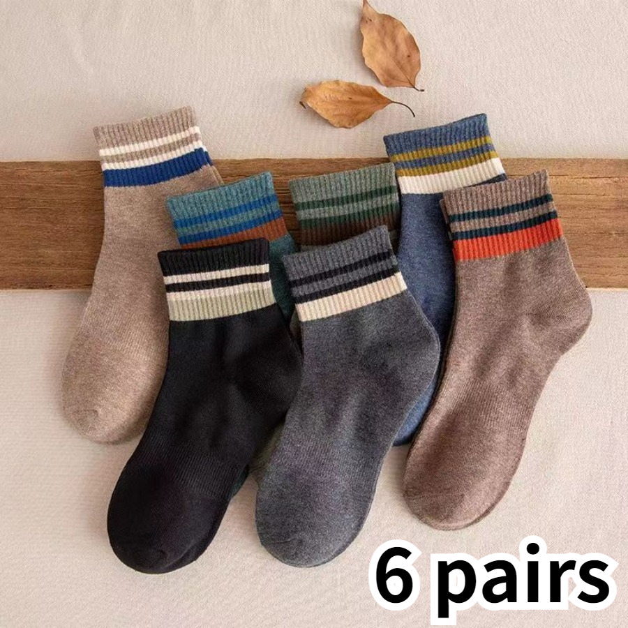 TEMU 6-pair Random Assorted Men's And Women's Sweat-absorbent Breathable Athletic Socks With Double Stripe Pattern, Spring/summer College Style
