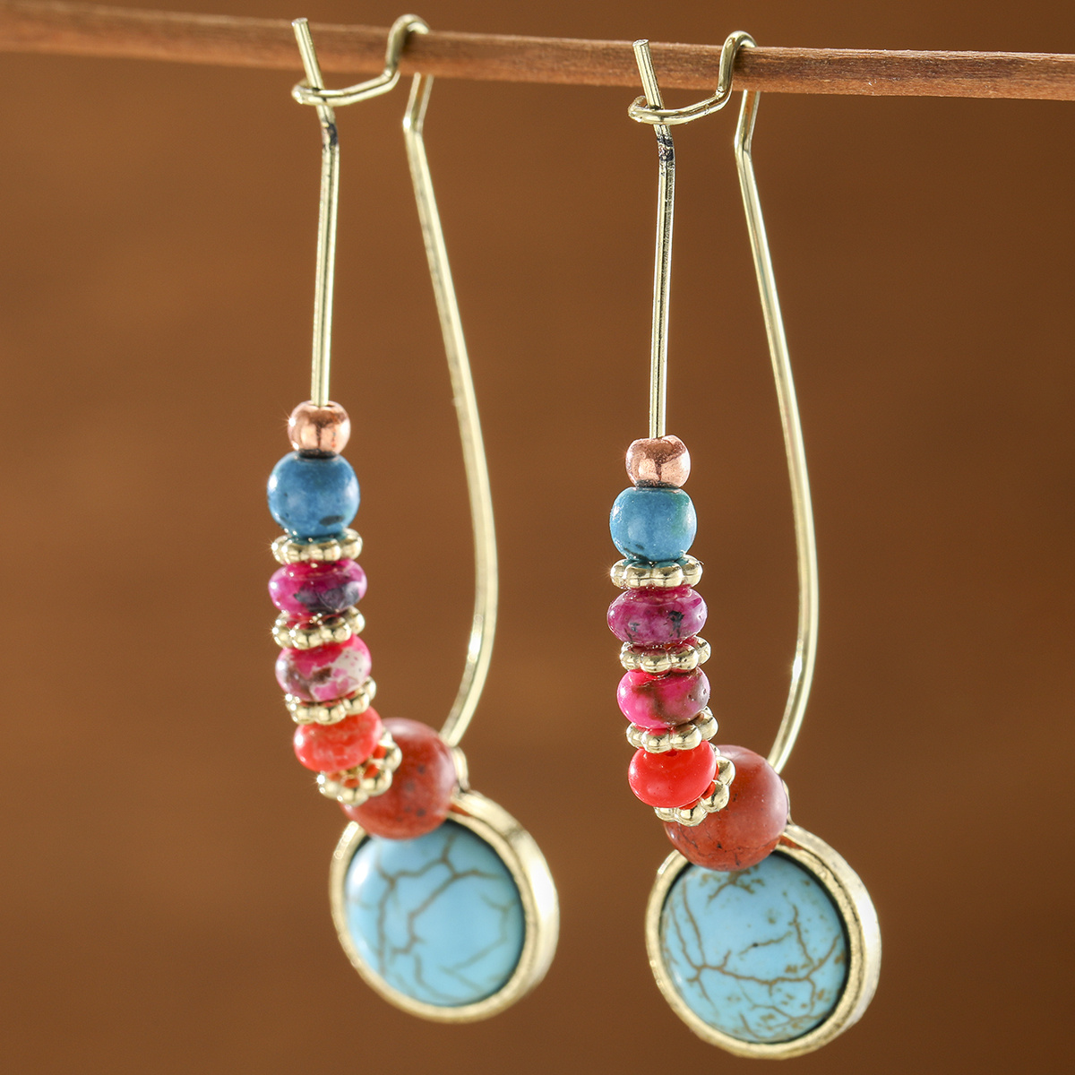Image of Retro Ethnic Style Multicolor Synthetic Bead Women's Pendant Earrings Synthetic Malachite Inlaid Easy Women's Jewelry Ear Jewelry Holiday Gift Commemorative Jewelry