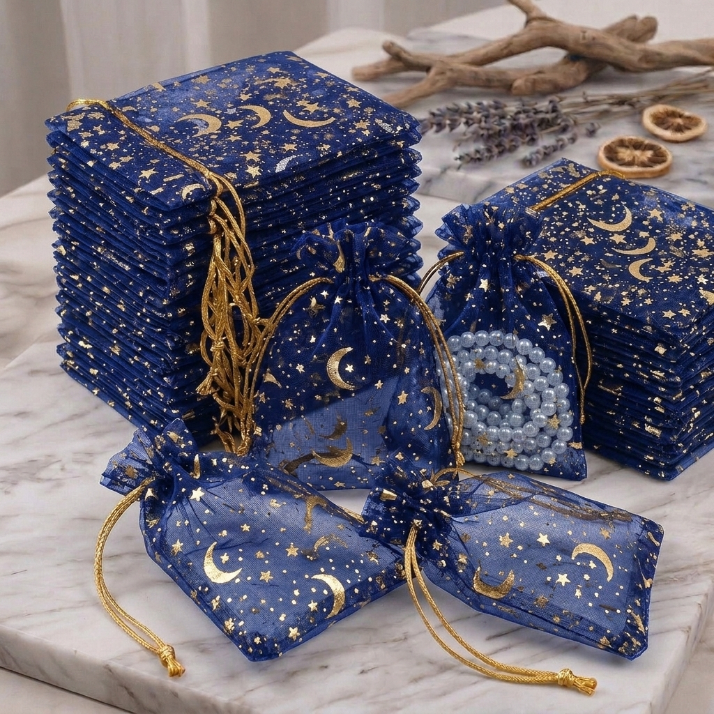 TEMU 102pcs Sacs Cadeaux Organza Étoile Lune en , Pochettes Translucides à Cordon, Emballage de Léger Multicolore pour Bijoux Bonbons Petits Cadeaux