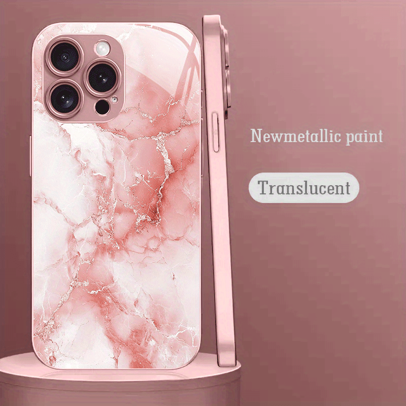 TEMU Phone Case: Pink Pattern Elegant Design Pink Metallic Paint Tempered Glass Hard Phone Case, Suitable For Iphone 16/16 Pro/16 Plus/16 Pro Max/
