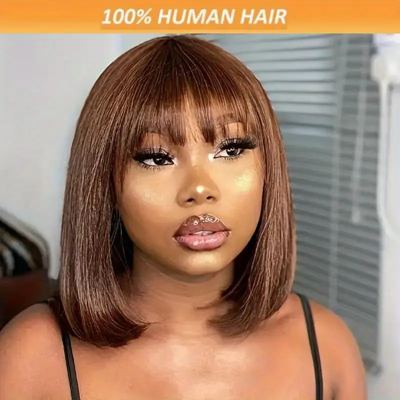 machine made rich chocolate brown straight human hair wig with bangs no lace no 100 human hair wig 200 density cap for women of all light beige tones easy to style natural look for everyday special occasions versatile hairpiece elegant hairpiece cap Product details 1