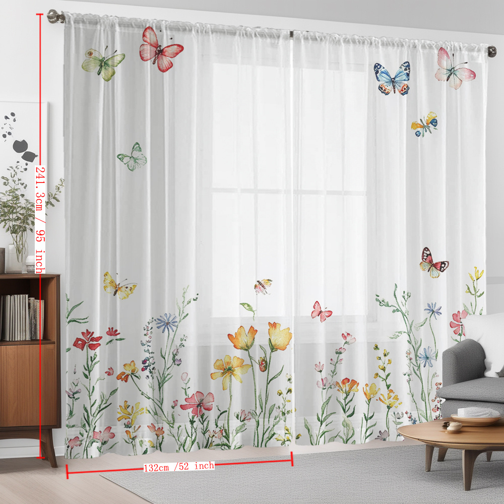 TEMU 2pcs Watercolor Floral Countryside Decor Sheer Curtains, Modern Artistic Style Flowing Window Drapes Suitable For Kitchen, Café, Dining Room,