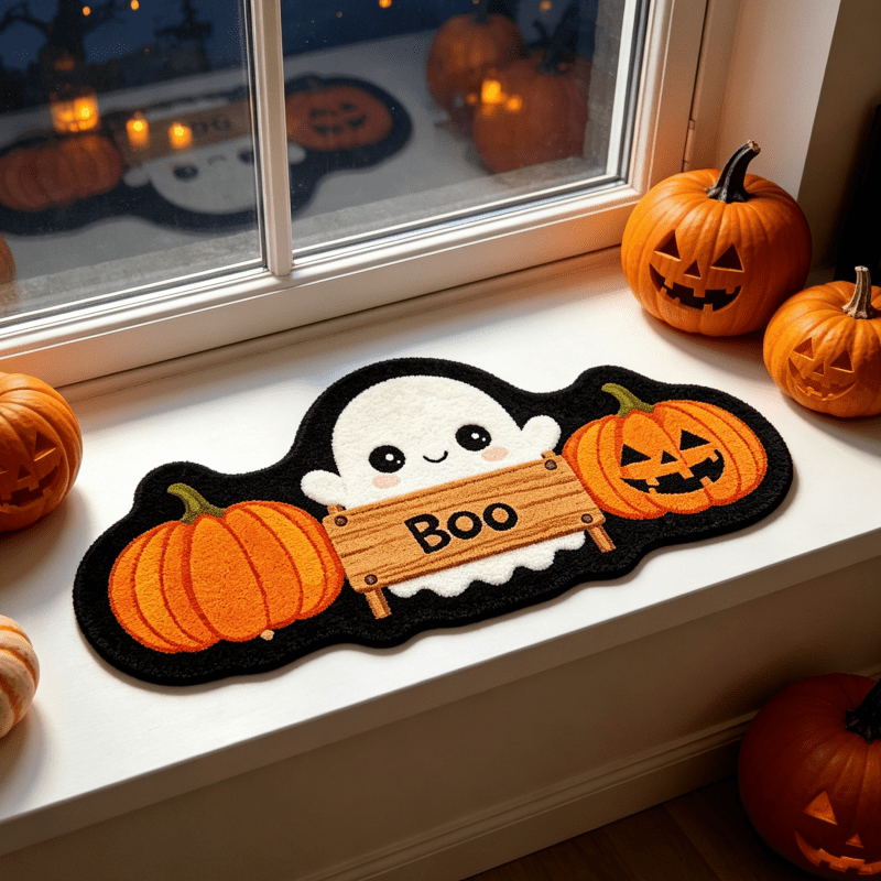 TEMU Tapis de porte en velours 900G+9Mm et style Halloween , tapis en peluche irrégulier, adorable , blanc, double citrouille, balcon, fenêtre, tapis