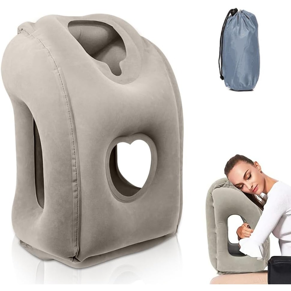 1 Set Portable Inflatable Neck Pillow Pvc Flocked Material For Plane Train Desk Stomach Sleeper Grey 30x35x50cm