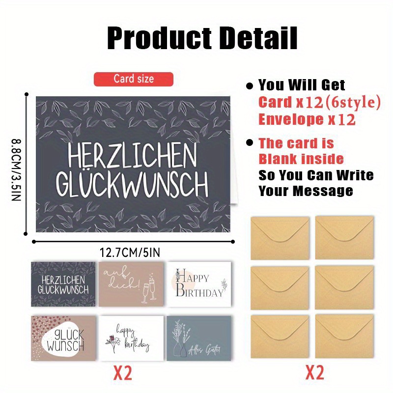 Image of 24pcs Greeting Cards With Envelopes Easy German Birthday Greeting Card, Cards For , Family, Thank You, Birthday, Holidays, Sympathy, Congratulations, Baptism