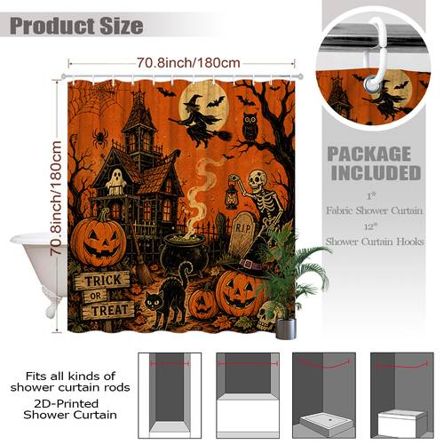 2d flat 1pc halloween 2d flat vintage spooky shower curtain jack o lantern skeleton black cat bats rustic scene bathroom decor bathtub partition hanging curtain 70 8x70 8 inch with 12 hooks 2d flat