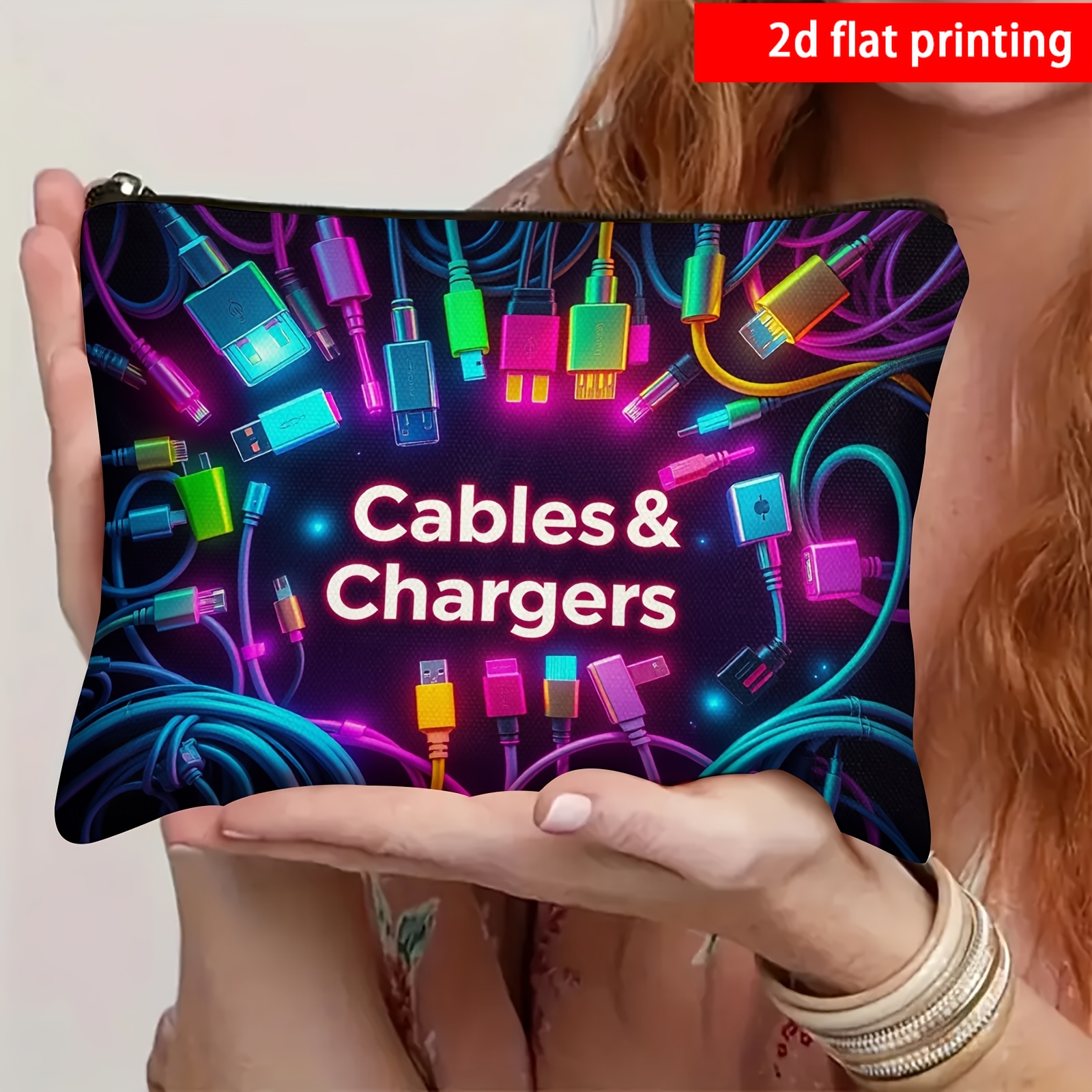 TEMU 2d Flat Printing, 1pc Of Neon Patterned Data Cable Wash Bag, Storage Bag, Portable Miscellaneous Storage Bag, Travel Charger Bag,