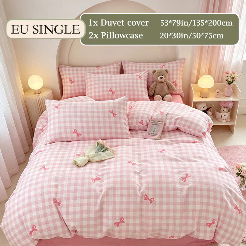 TEMU Parure de lit 3 pièces avec housse de couette à nœud à carreaux roses - 1 housse de couette + 2 taies d'oreiller - Imprimé nœud à carreaux roses