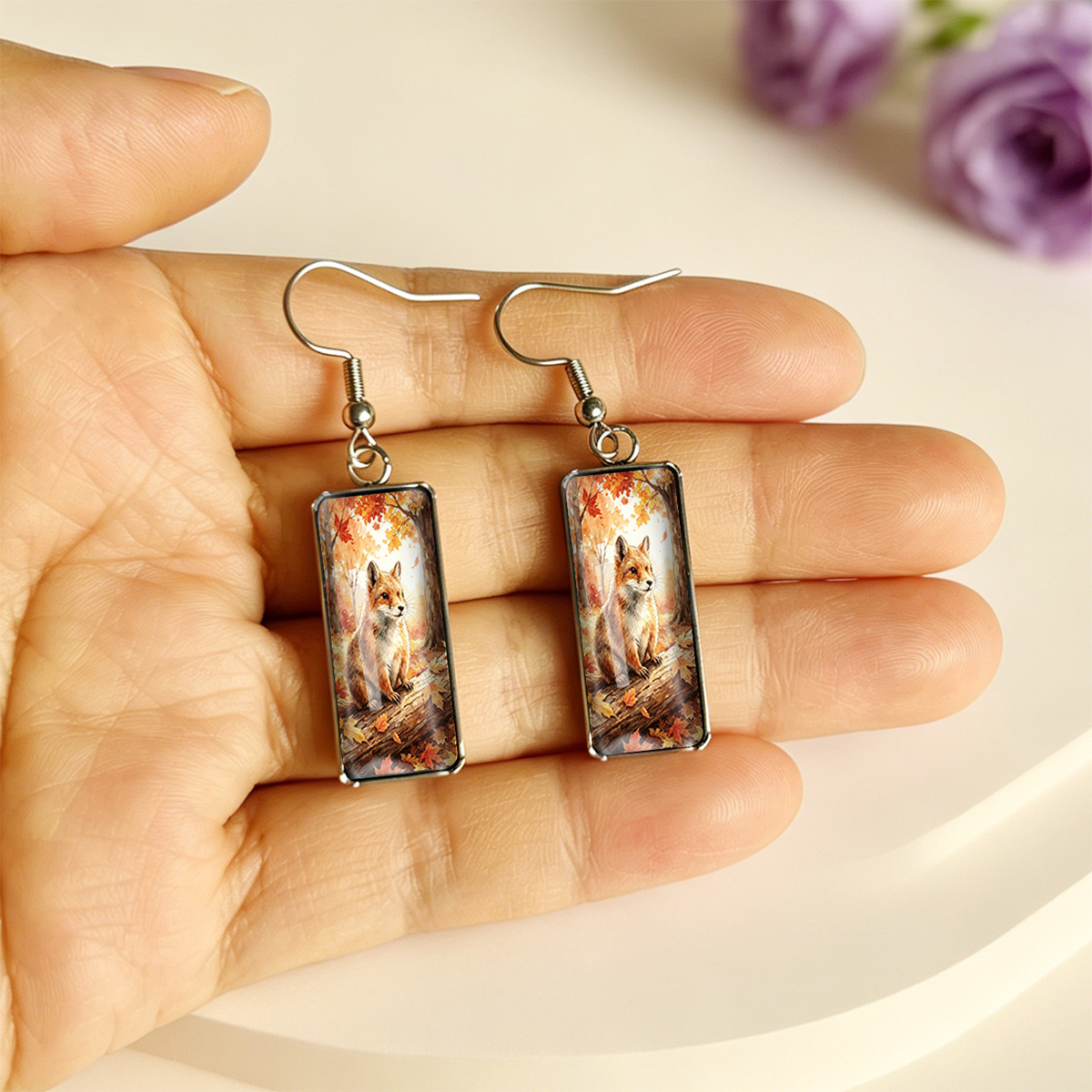 Red Fox Crouching Rectangular Earrings, Stainless Steel