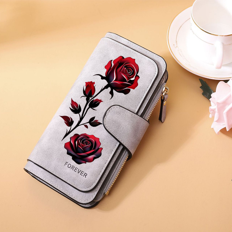 TEMU Women's Rose Print Wallet Long Clutch Holder Zipper Purse, Large Capacity Card Case Floral Clutch Wallet. Trending Rose Flower Wallet Bifold