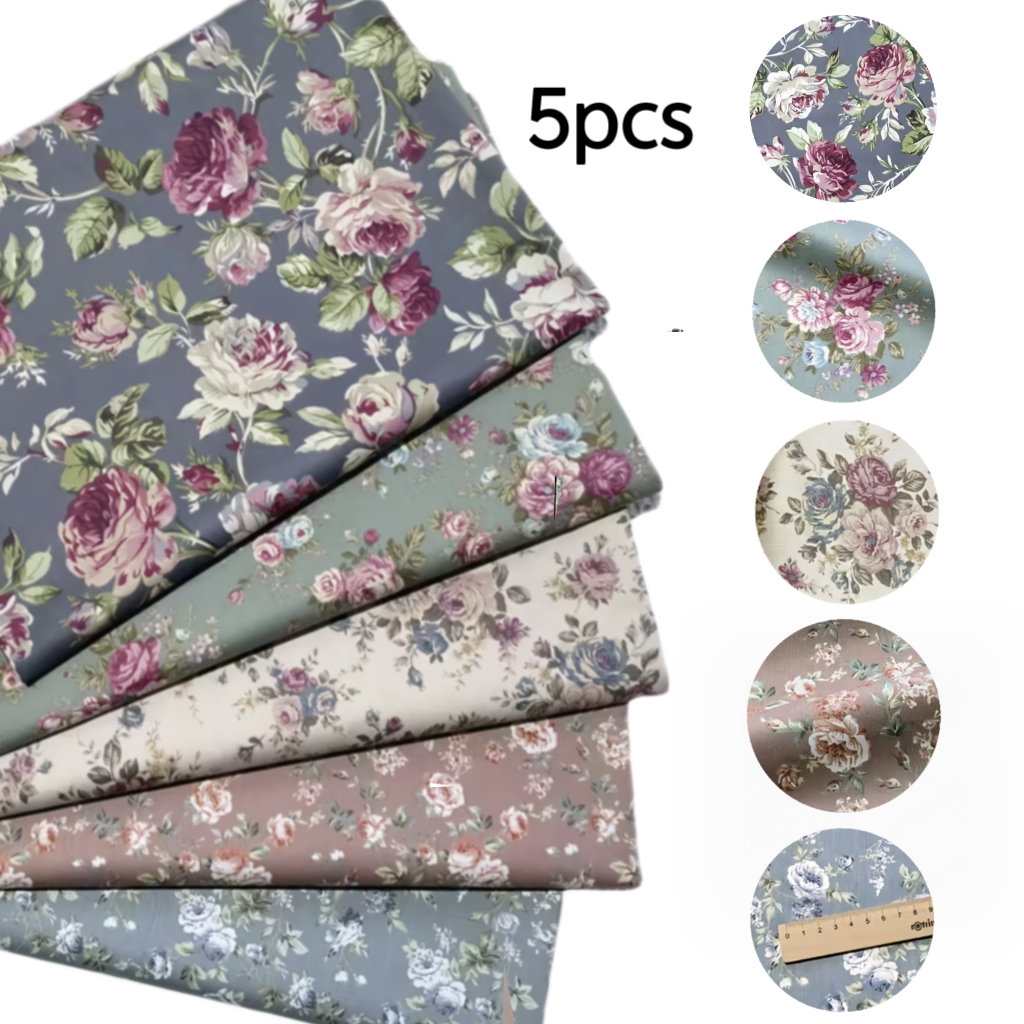 TEMU Vintage Botanical Print Fabric Set - 5pcs Pre-cut Square Craft Fabric Bundle, Tensile Strength 27-53, Suitable For Diy Quilting, Sewing, And