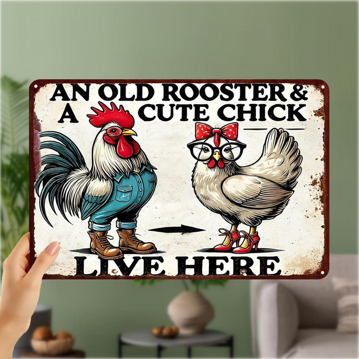TEMU 2d Flat, 2d Flat 1pc, "an Old Rooster & A Cute Chick Live Here" - Vintage Rustic Metal Decor 8×12 Inch, 2d Flat