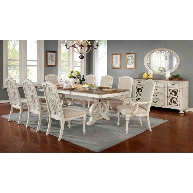 antique white dining room 9pcs set table w leaf and 6x side chairs 2x arm chairs ivory fabric upholstered seat Product details 0