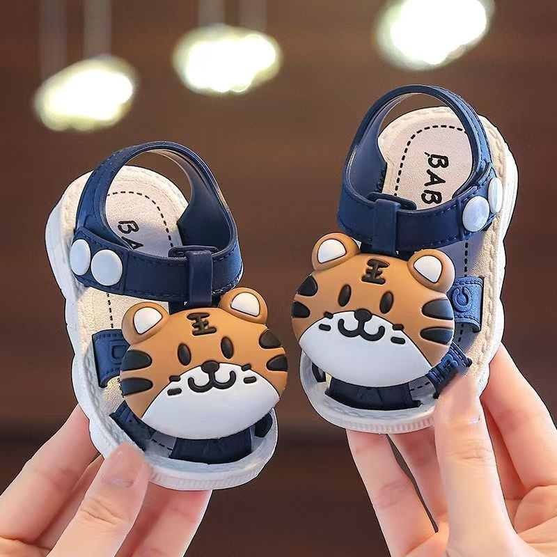 Infant Cartoon Tiger Sandals for Boys and Girls - Summer 2024 Soft Sole Anti-Slip Toddler Walking Shoes with Buckle Closure, Low Top, PVC Upper, Sole and Insole - Baby Protective Toe Cap Sandals