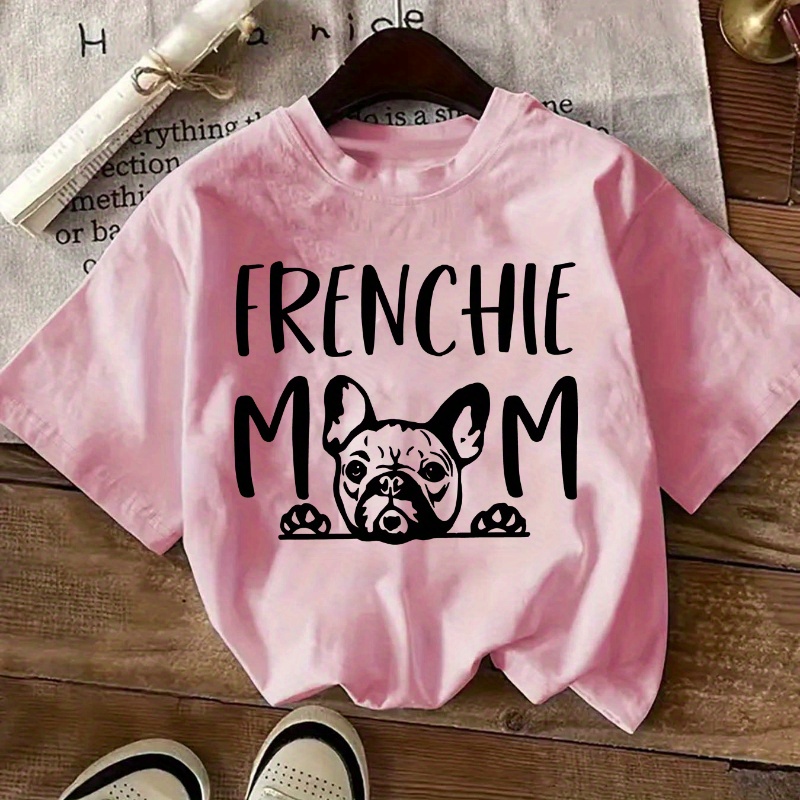 

French Bulldog Graphic T-shirt For Women, Casual Crew Neck, Polyester Knit Fabric, Regular Length, Geometric Pattern, For Top