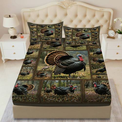item picture 2d flat printing 3pcs turkey fitted sheet three piece set 1 x fitted sheet and 2 x pillowcases rustic turkey pattern bedding mattress protector soft breathable