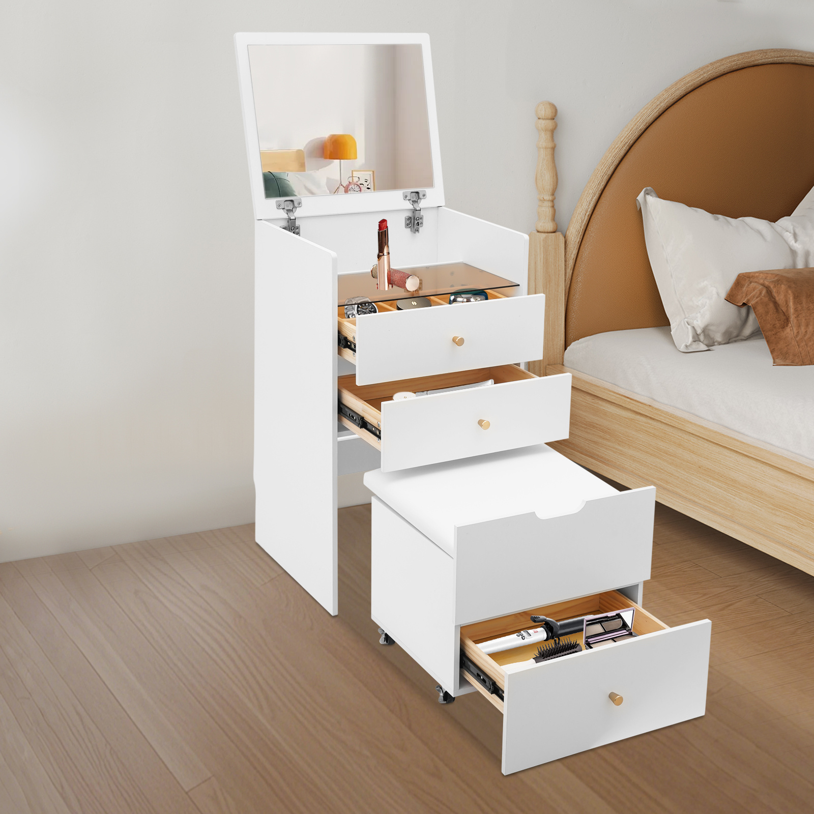 3 in 1 dressing table with stool dressing table with hinged mirror   glass top 3 drawer dressing table small dressing table set cosmetic table for bedroom