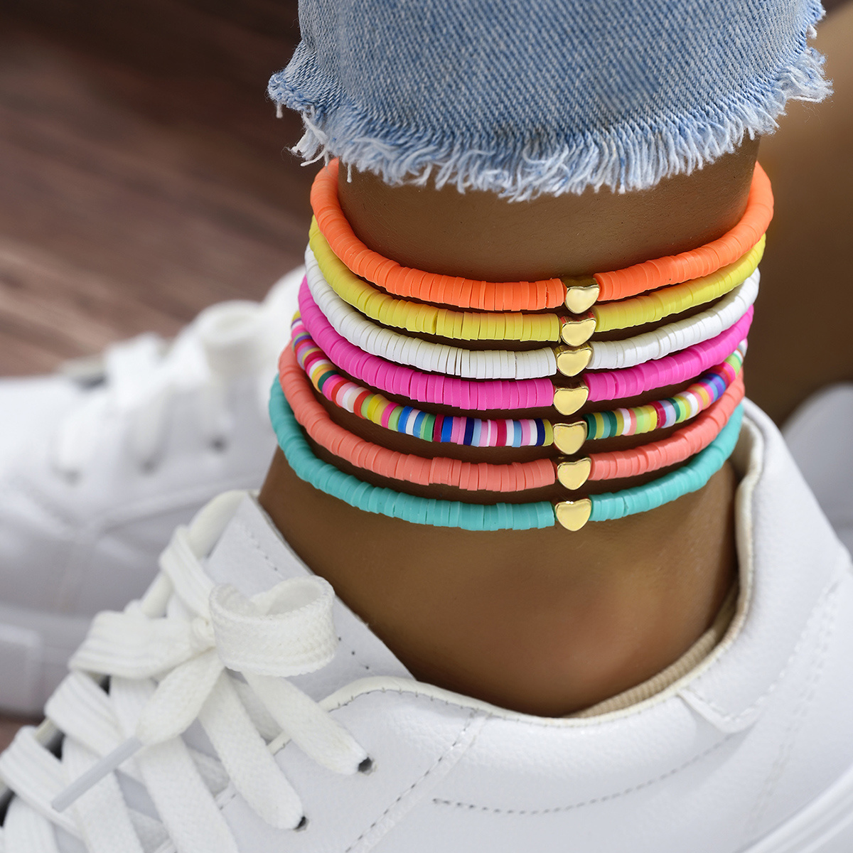 Image of 7pcs Women's Bohemian Vintage Colorful Polymer Beaded Elastic Anklet, For Daily Wear, Vacation, Parties, Valentine's Day Gift, Birthday Gift