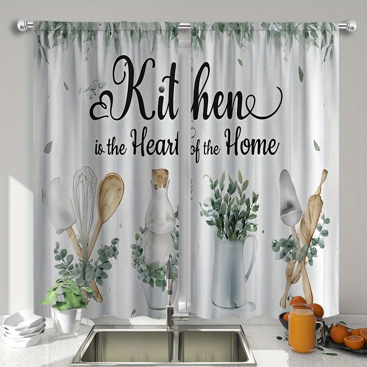 TEMU 2pcs Kitchen Window Curtains - Semi-sheer Window Drapes With Greenery, Utensils & Floral Print - Machine Washable Window Treatments For