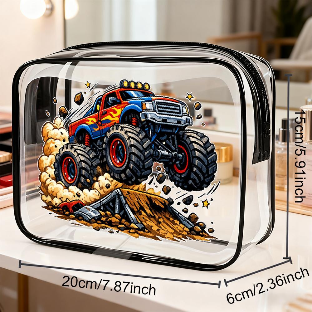 TEMU Toiletry Bag Monster Truck Pixel Cosmetic Bag, Dynamic Graphic Design, Zippered Portable Travel Organizer For Toiletries, Makeup & Daily