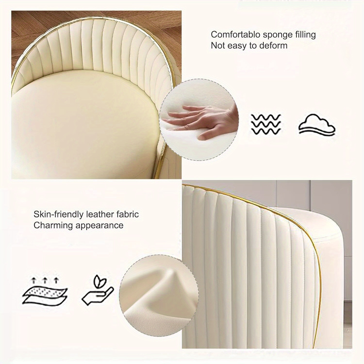 Round Makeup Stool, 360° Rotatable Dressing Table Stool with Leather Cover Wooden Frame, Footstool, Padded Stool, Suitable for Living Room, Bedroom (Beige/Gray/Orange)