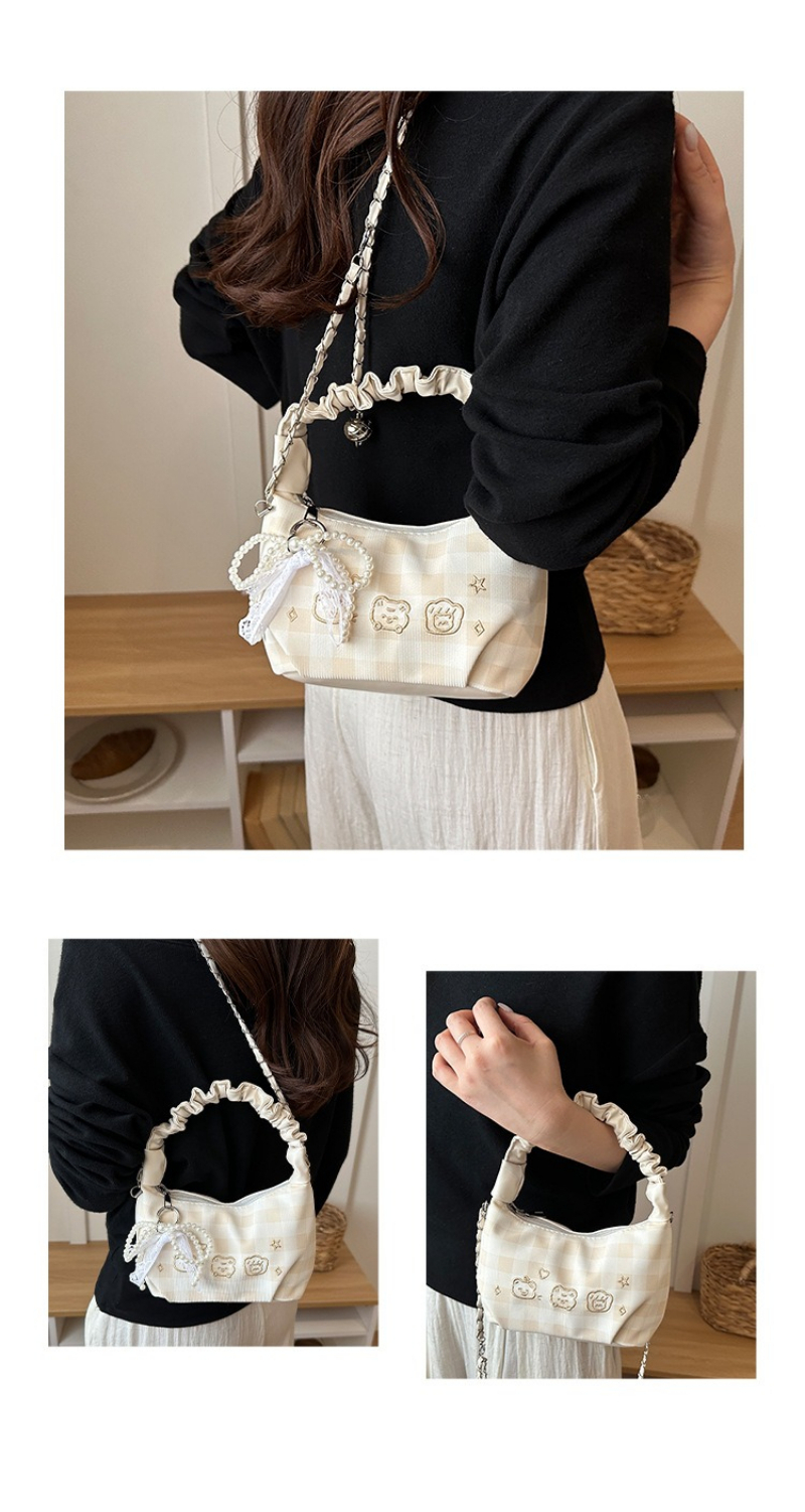 Plaid Ruched Handle Hobo Bag With Pearl Bow And Chain Shoulder Bag_voghion.com