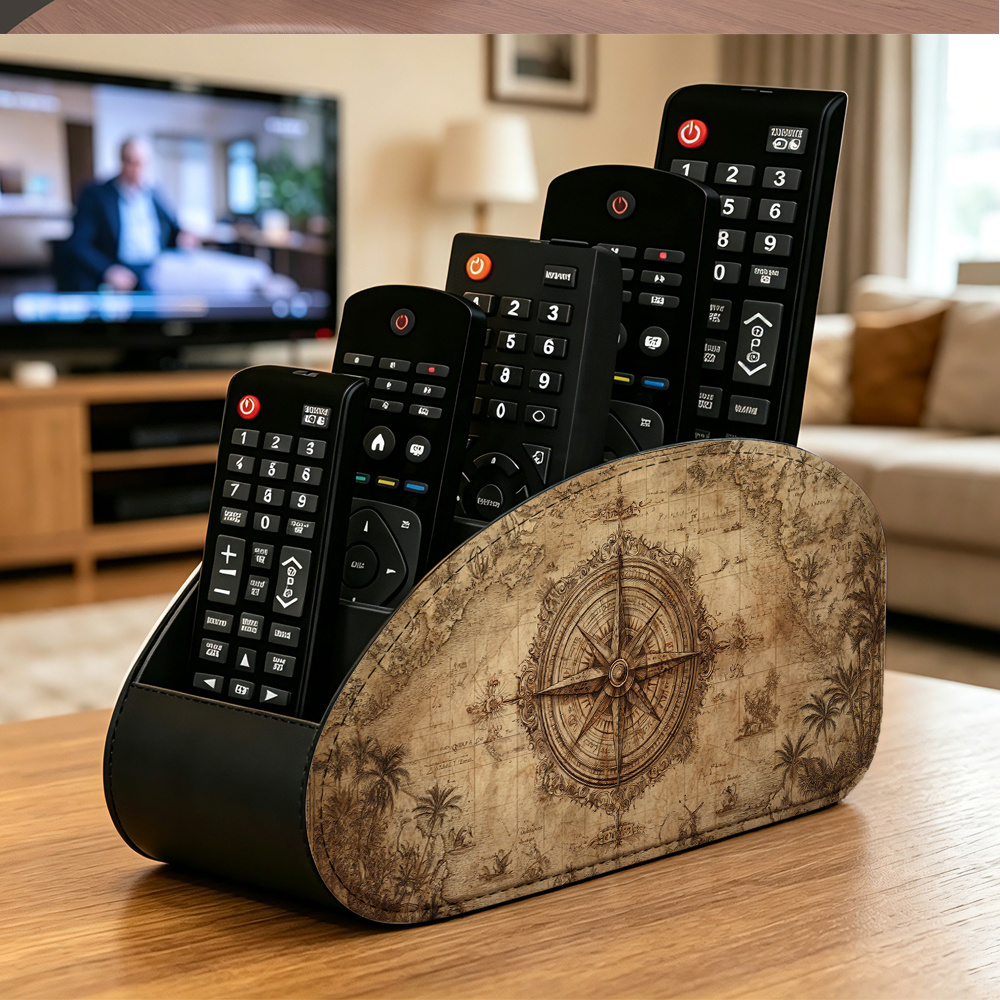 TEMU Map Compass Illustration 5-compartment Tv Remote Organizer, Faux Leather Material, Living Room Desktop Storage Rack, Suitable For Dvd, Blu-ray,