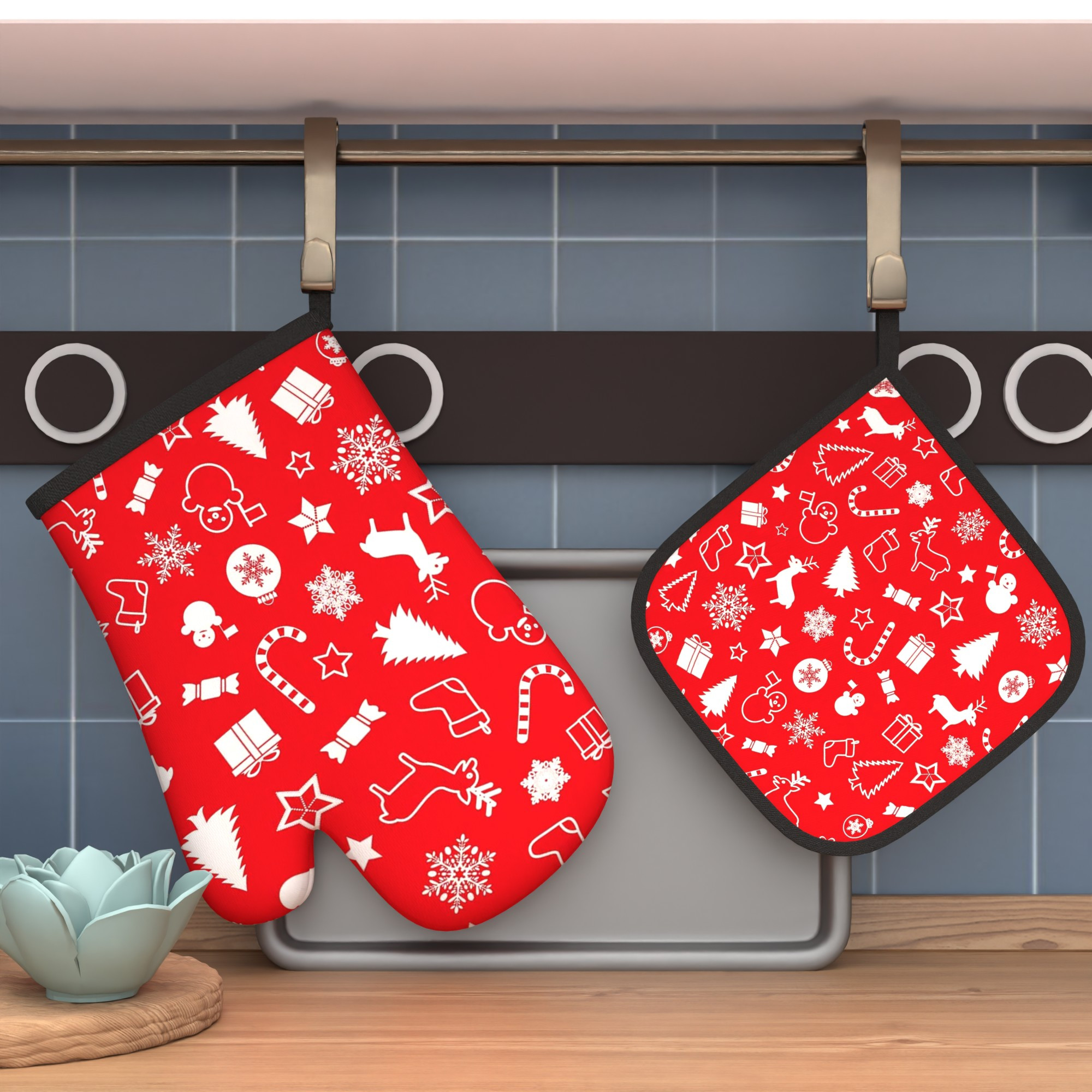 TEMU 2pcs 10.6*6.7 Inch Deer Gift Oven Mitts And Potholders Pine Tree Snowflake Heat Resistant Oven Mitts And Pot Holders Suitable For Grilling,