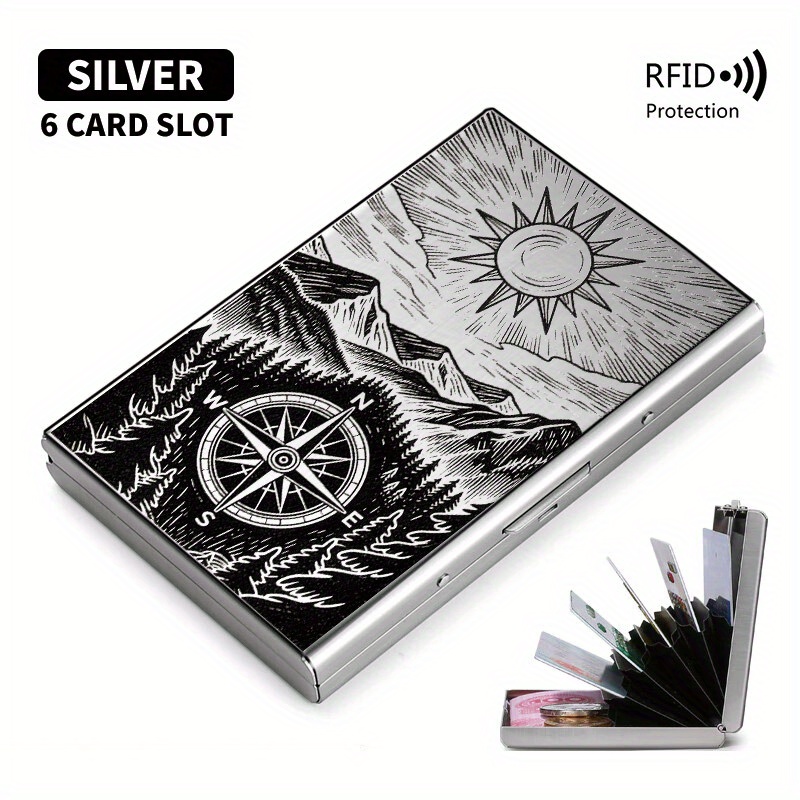 TEMU -unisex Metal Card Holder Featuring A Compass And Forest Motif With Rfid Protection. Features A Pop- And An Ultra-thin Matte End For A Dual-. A