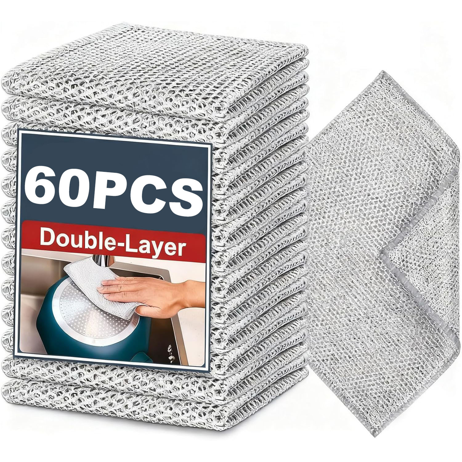 Image of 60pcs Multifunctional Double-layer Cleaning Cloth, Dish Towel, Kitchen Wiping Pad, Suitable For Dry And Wet Use, Fiber Cleaning Cloth, Designed For Metal And Tableware