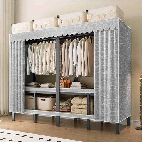 foldable heavy duty metal clothes rack with cover portable freestanding wardrobe 49 2in height 2 hanging rods multiple compartments space saving design for home dorm or apartment rental modern wardrobe carbon clothes organizer storage