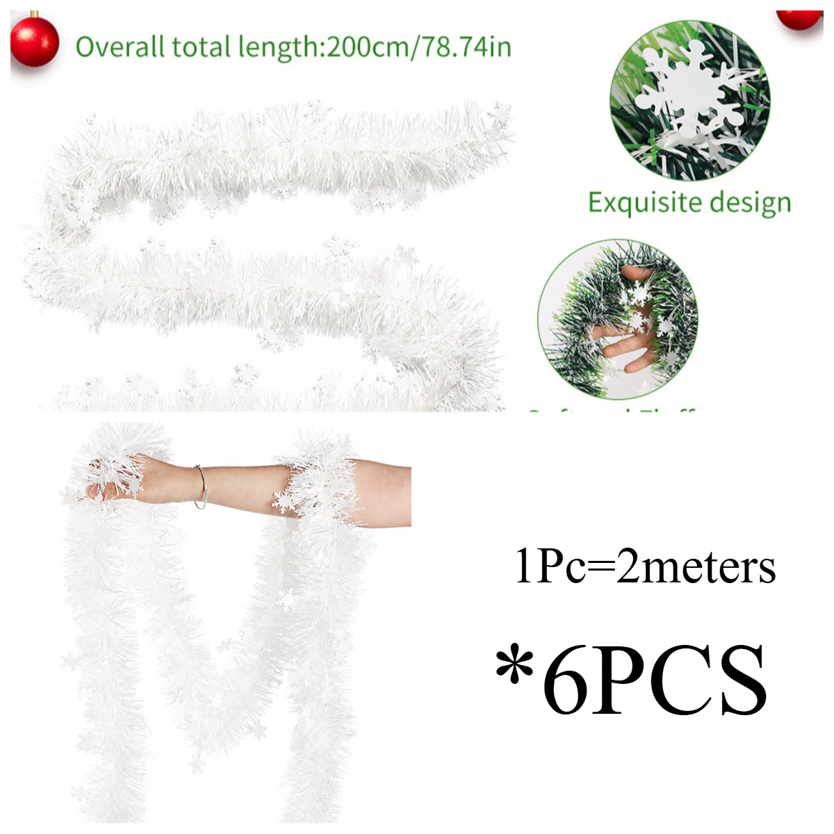 TEMU 6pcs Christmas Tinsel Garland Decor, 2m/78.74in Snowflake Green White Xmas Tinsel, Soft Fluffy Metallic Streamers, Cut-able Winter Snow Garland